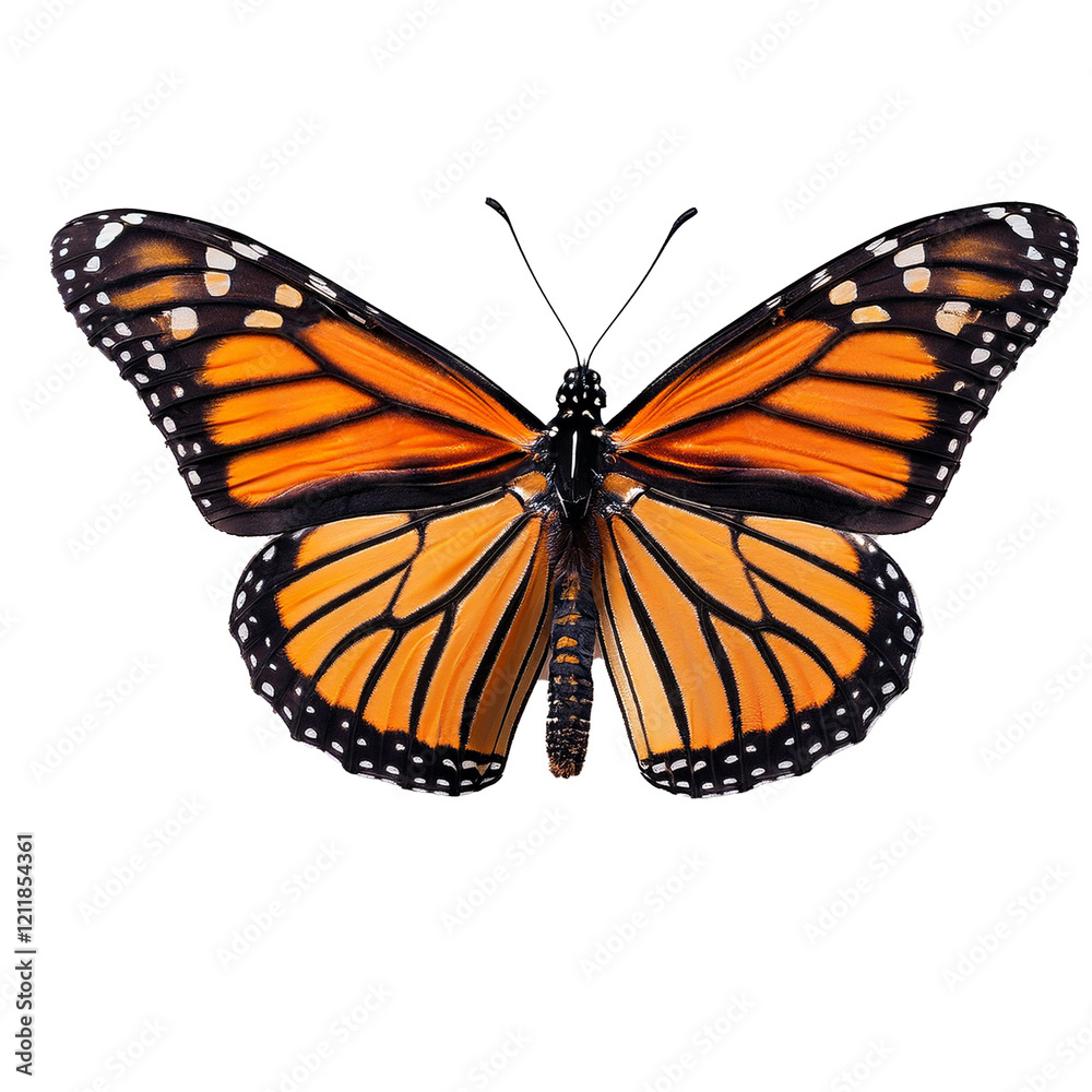 Fototapeta premium A beautiful monarch butterfly displaying vibrant orange and black wings against a clean white background, perfect for nature and wildlife themes.