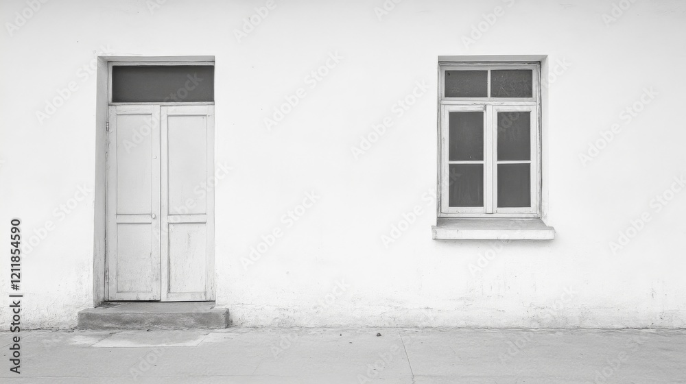 Whitewashed wall with door and window.