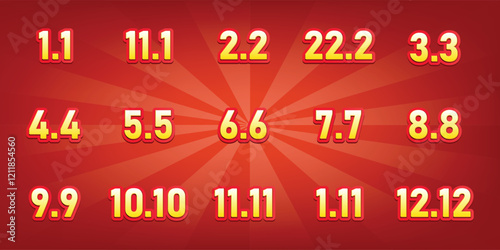 Set of numbers 1.1, 11.1, 2.2, 22.2, 3.3, 4.4, 5.5, 6.6, 7.7, 8.8, 9.9, 10.10, 11.11, 12.12. 3d illustration. Suitable for use on advertising banners posters flyers promotional