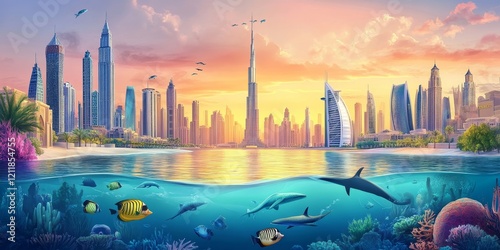 UAE, United Arab Emirates. Dubai and the Persian gulf at sunset. Under the water life illustration, Generative AI