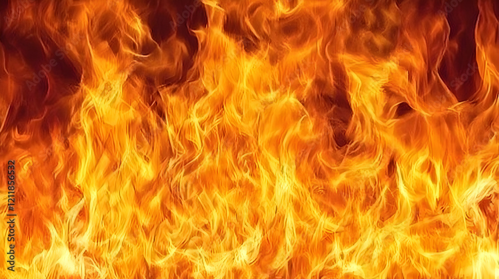 Fiery orange and yellow flames burning intensely, background texture for design, website or print Fiery orange and yellow flames burning intensely, background texture for design, website or print