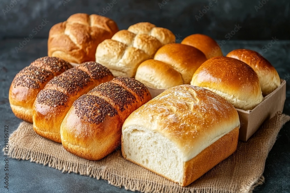 Display of ordinary bakery with bread and buns, Generative AI Display of ordinary bakery with bread and buns, Generative AI