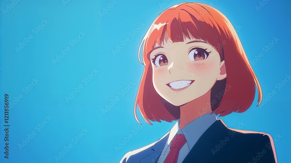 Confidence, Innovation, Future Vision. professional youth, ideal for career guidance or corporate branding visuals. Anime girl with short red hair and brown eyes smiling in dark suit with red tie agai Confidence, Innovation, Future Vision. professional youth, ideal for career guidance or corporate branding visuals. Anime girl with short red hair and brown eyes smiling in dark suit with red tie agai
