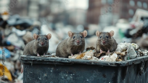 rats sit on garbage containers overflowing with waste and garbage, concept of the problem with garbage collection in cities, reproduction of parasites and rodents photo