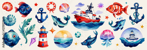 Underwater world. Ocean, sea, water, shell, lifebuoy, fish, jellyfish, anchor, lighthouse, ship. Vector set and collection of watercolor decorative and design elements. Isolated on a white background.