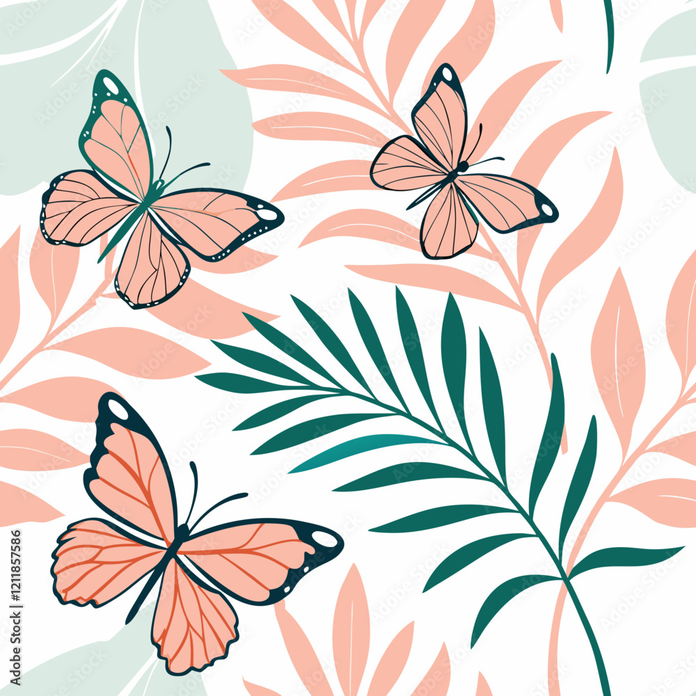 Fototapeta premium Abstract butterfly shapes watercolor background in coral and mint colors, energetic and modern, perfect for modern spring fashion designs