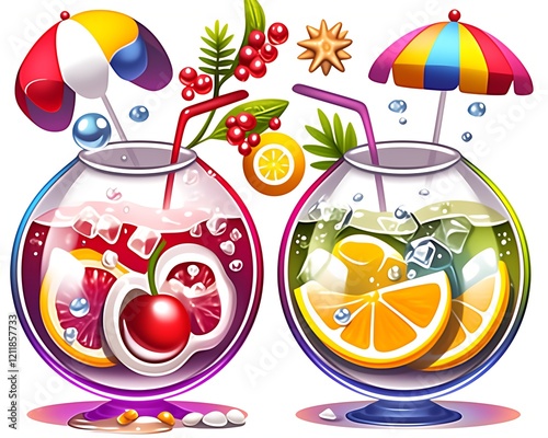 Two refreshing summer cocktails in fishbowls with fruit, ice, and umbrellas.