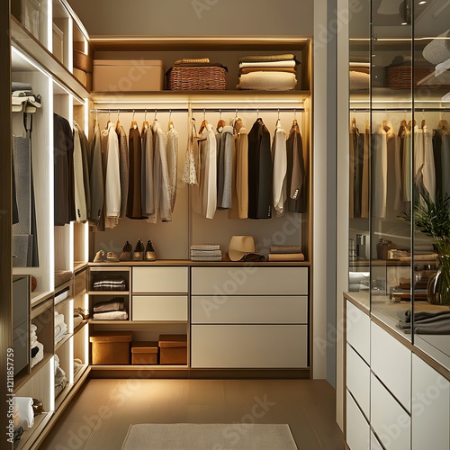 Luxurious walk-in closet, custom built-in wardrobes, soft lighting, organized clothing rack, neutral color palette, glass doors, minimalist design, spacious storage, wooden hangers, neatly folded garm