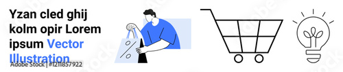 Wallpaper Mural Man marking list, shopping cart, and light bulb sketch symbolize task management, shopping, and creativity. Ideal for digital marketing, retail strategy, innovation, business planning e-commerce Torontodigital.ca