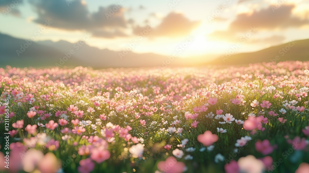 Fototapeta premium Pink Flower Meadow at Sunset