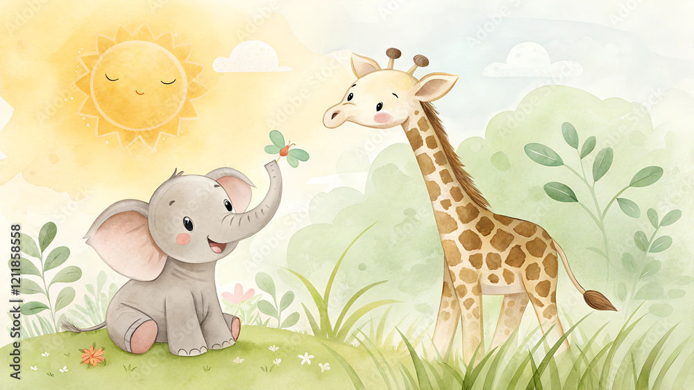 Naklejka premium Baby elephants and giraffes cheerful and heartwarming basking in the sun with a soft yellow and green watercolor background with copy space