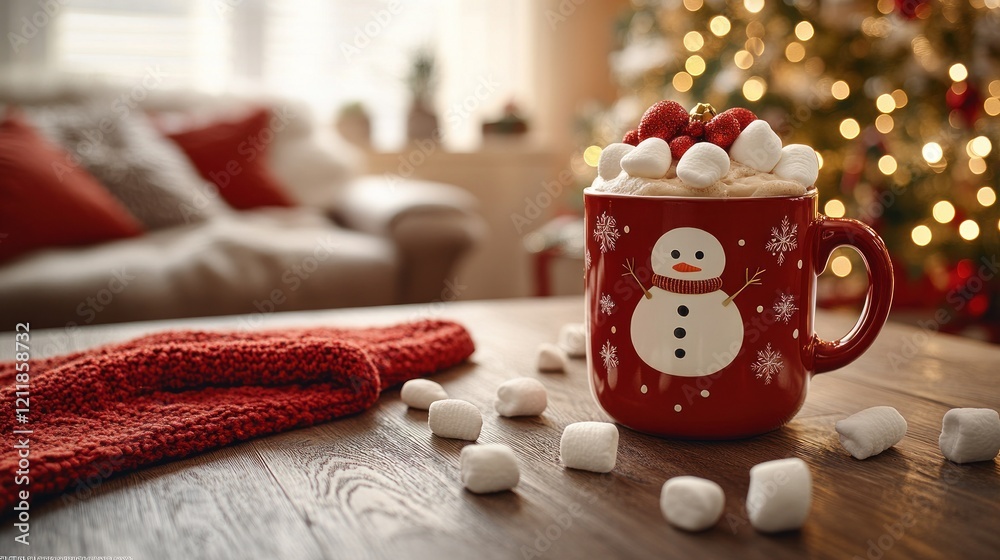 custom made wallpaper toronto digitalCozy Christmas cocoa, snowman mug, living room, tree