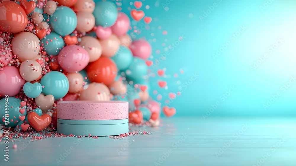 Romantic Valentine s Day scene with shiny metallic heart shaped balloons and soft glowing light effects surrounding a minimalist podium perfect for marketing and product presentation Romantic Valentine s Day scene with shiny metallic heart shaped balloons and soft glowing light effects surrounding a minimalist podium perfect for marketing and product presentation