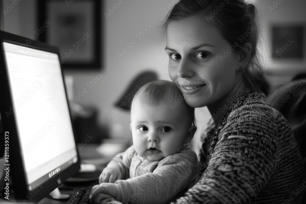 Mother holding baby and working at her computer, Generative AI Mother holding baby and working at her computer, Generative AI