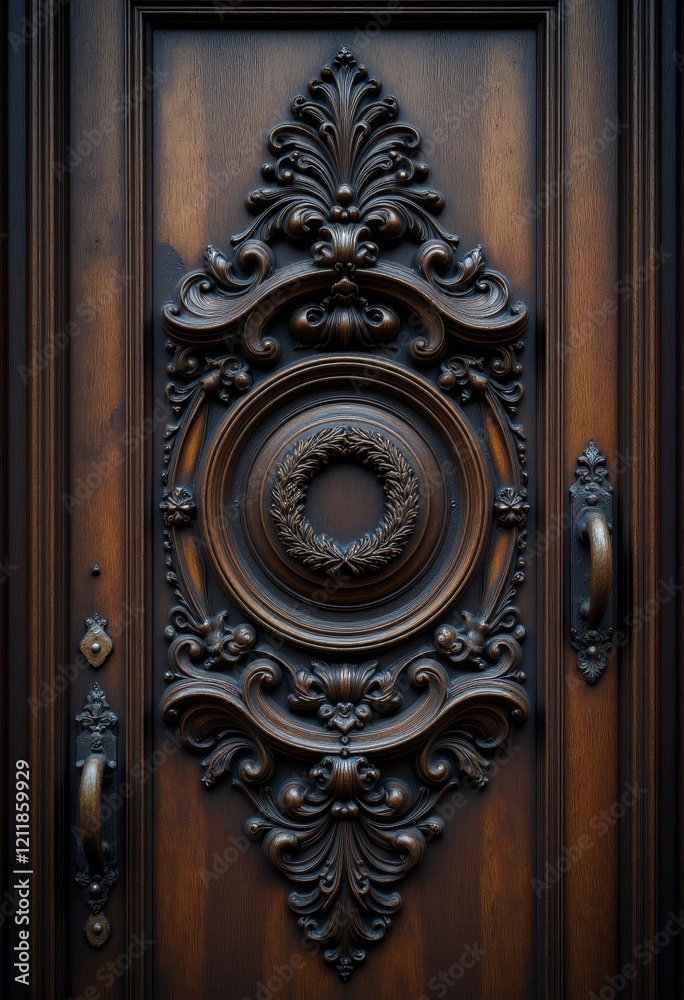 Ornate wooden door with detailed carvings and bronze handles Ornate wooden door with detailed carvings and bronze handles