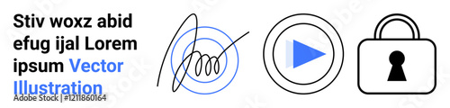Digital signature, play button, and lock icon on white background. Ideal for security, authentication, media controls, access management, digital signatures, user interface design and website
