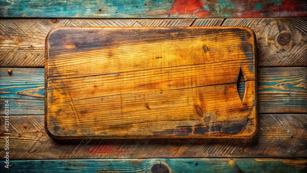 Obraz premium Aged Wooden Cutting Board, Rustic Table, Empty Awaits Recipes