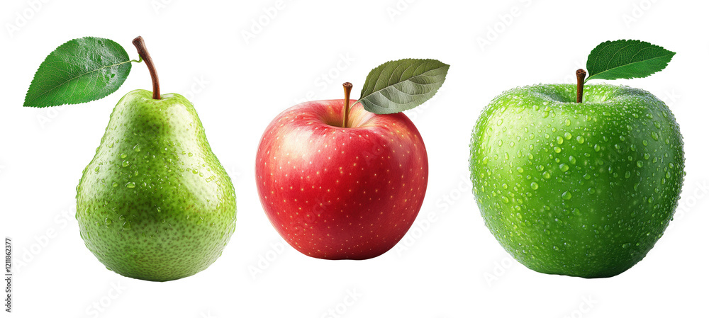 Pear, green apple, and red apple with water droplets on png background