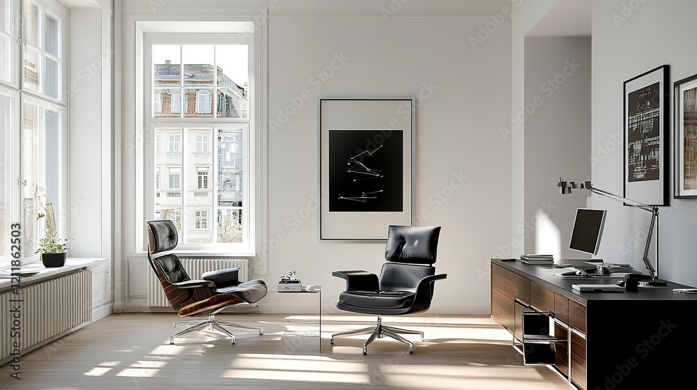 Modern minimalist office interior with large window, two leather chairs, and desk. Modern minimalist office interior with large window, two leather chairs, and desk.