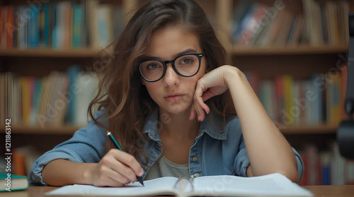 Difficult task. Thoughtful bored hipster teen female student sit at library desk by notebook propping cheek with hand feel tired of monotonous paperwork dull studies overworked preparing for hard exam