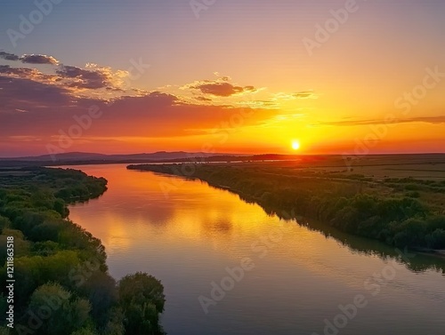 Sunset over river valley, vibrant colors, calm water, aerial view, landscape photography