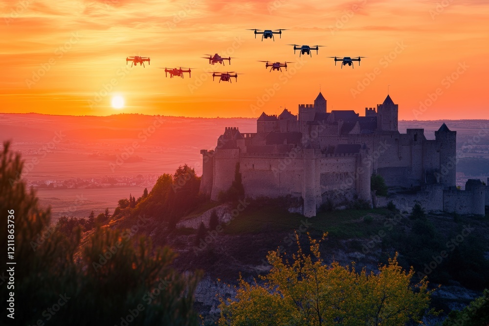 Obraz premium Medieval castle illuminated by sunset with a fleet of drones in the sky