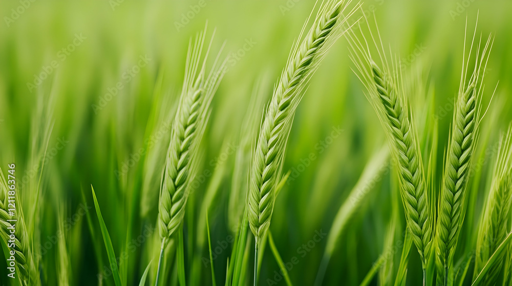 Green wheat field, summer growth, rural landscape, agricultural background, for food packaging Green wheat field, summer growth, rural landscape, agricultural background, for food packaging