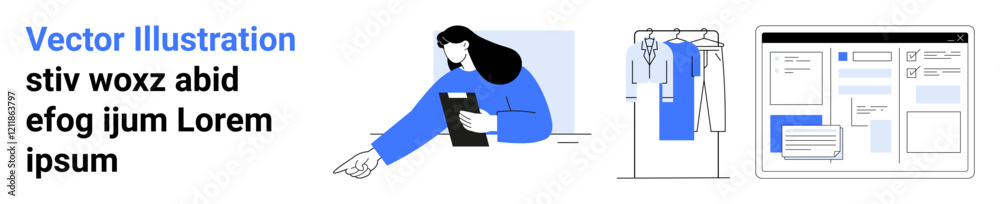 Woman holding notepad pointing at text, clothing rack with shirts, and digital interface mockup. Ideal for productivity, business planning, organization, fashion industry, e-commerce, technology Woman holding notepad pointing at text, clothing rack with shirts, and digital interface mockup. Ideal for productivity, business planning, organization, fashion industry, e-commerce, technology