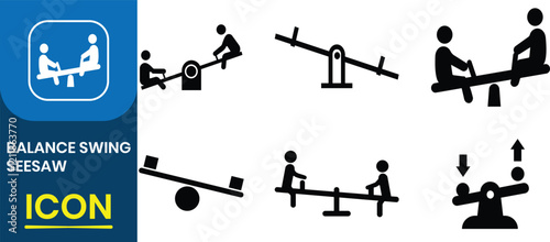 Seesaw icon, Balance swing vector icon set. Equal and unequal weight, balanced and unbalanced, teeter-totter, perfect for playground, childhood memory. Vector illustration.