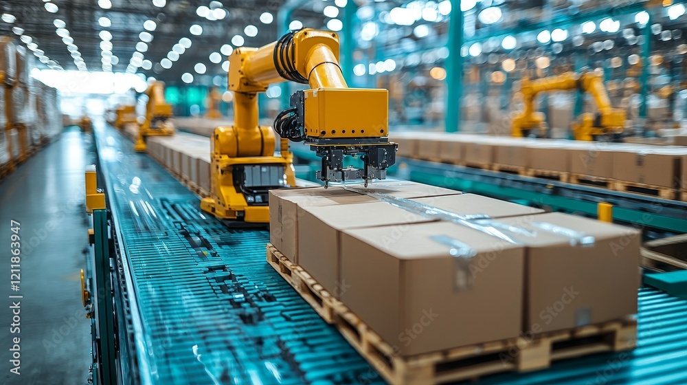 Naklejka premium Automated robotic arms efficiently packaging boxes in a modern warehouse environment for streamlined logistics operations