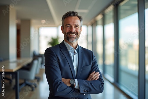 Portrait of a Successful Senior Businessman Consultant Looking at Camera and Smiling Inside Modern Office Building, Expertise and Professional Confidence Generative AI