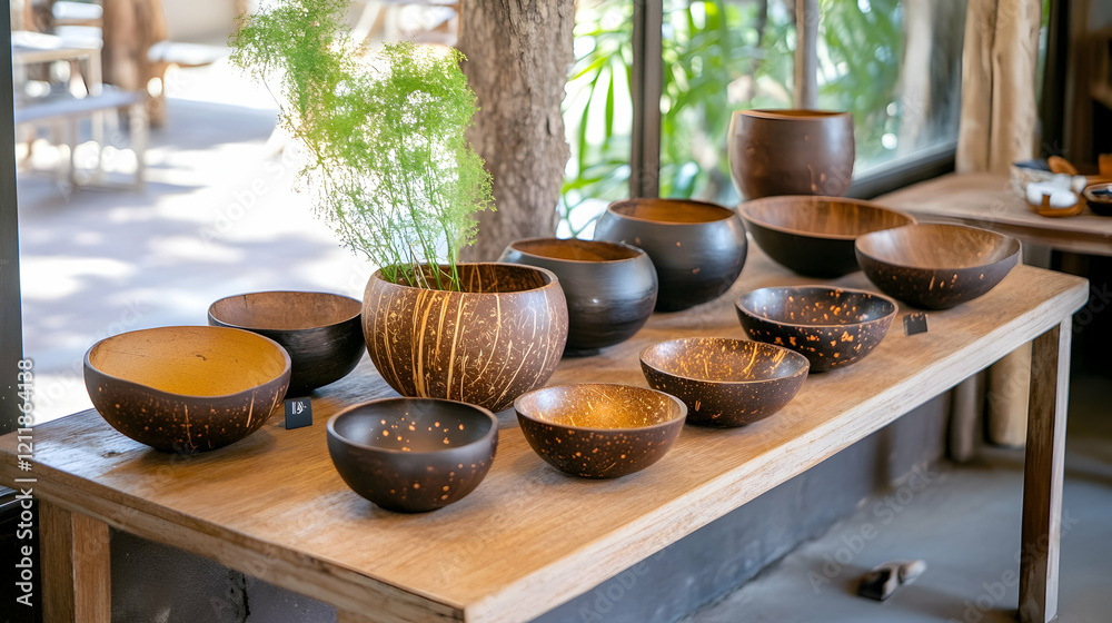 Handmade coconut shell bowls displayed on wooden table in sunny shop, showcasing artisan crafts Handmade coconut shell bowls displayed on wooden table in sunny shop, showcasing artisan crafts