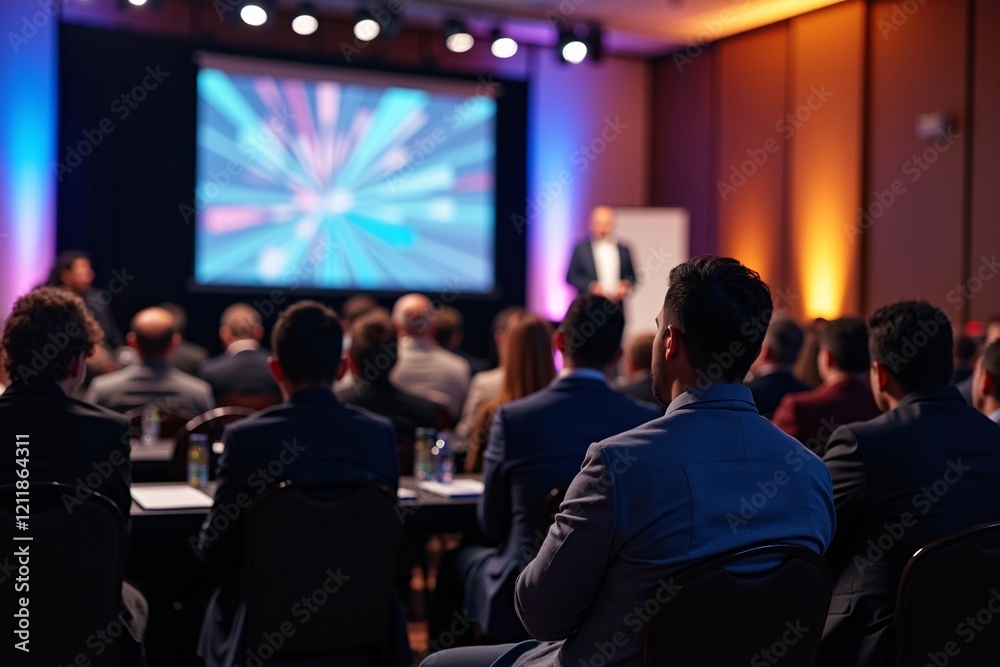 Rear View of People in the Audience at a Conference Hall, Speaker Giving a Talk at a Business Event, Professional Networking and Corporate Learning Generative AI Rear View of People in the Audience at a Conference Hall, Speaker Giving a Talk at a Business Event, Professional Networking and Corporate Learning Generative AI
