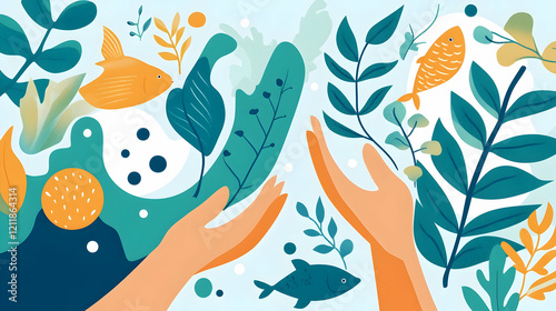 Wallpaper Mural Hands protecting aquatic life; vibrant underwater scene; environmental conservation; website banner Torontodigital.ca