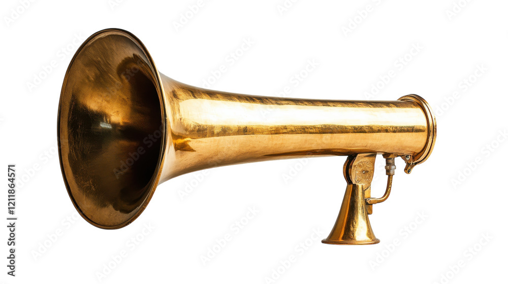 A gleaming brass gramophone horn resting elegantly against a white background A gleaming brass gramophone horn resting elegantly against a white background