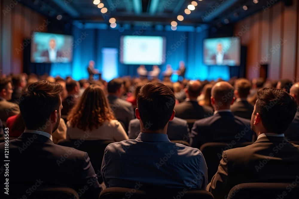 Rear View of People in the Audience at a Conference Hall, Speaker Giving a Talk at a Business Event, Professional Networking and Corporate Learning Generative AI Rear View of People in the Audience at a Conference Hall, Speaker Giving a Talk at a Business Event, Professional Networking and Corporate Learning Generative AI