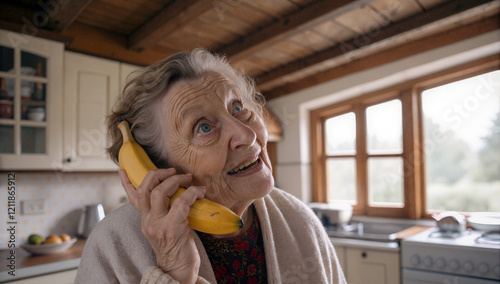 A Confused Elderly Woman Mistaking a Banana for a Telephone in Her Kitchen