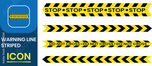 warning line striped icon set. Black and yellow police stripe border, warning tape, diagonal stripes, crime places, caution, under construction tape. Potential danger vector illustration.