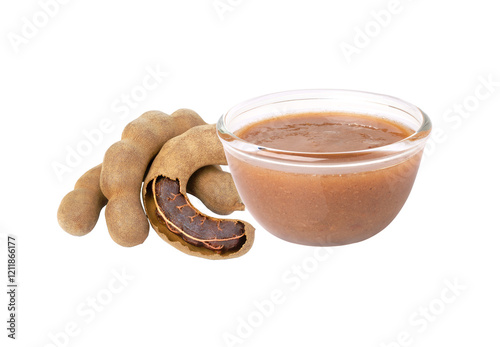 Tamarind paste and tamarind juice in glass bowl isolated on transparent background.