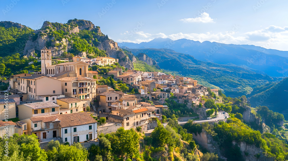 Obraz premium Hilltop village panorama, scenic mountain valley, summer sunlight, travel destination