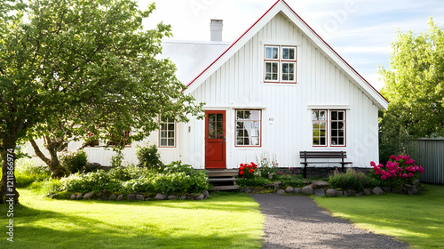 Icelandic white house, red door, garden, sunny day, real estate