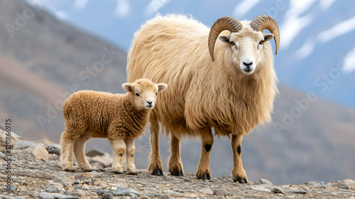 Icelandic sheep and lamb on mountain, scenic background, nature photography, ideal for calendars or websites