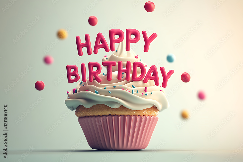 3D Floating Cupcake Happy Birthday Typography Design. 3D Floating Cupcake Happy Birthday Typography Design.