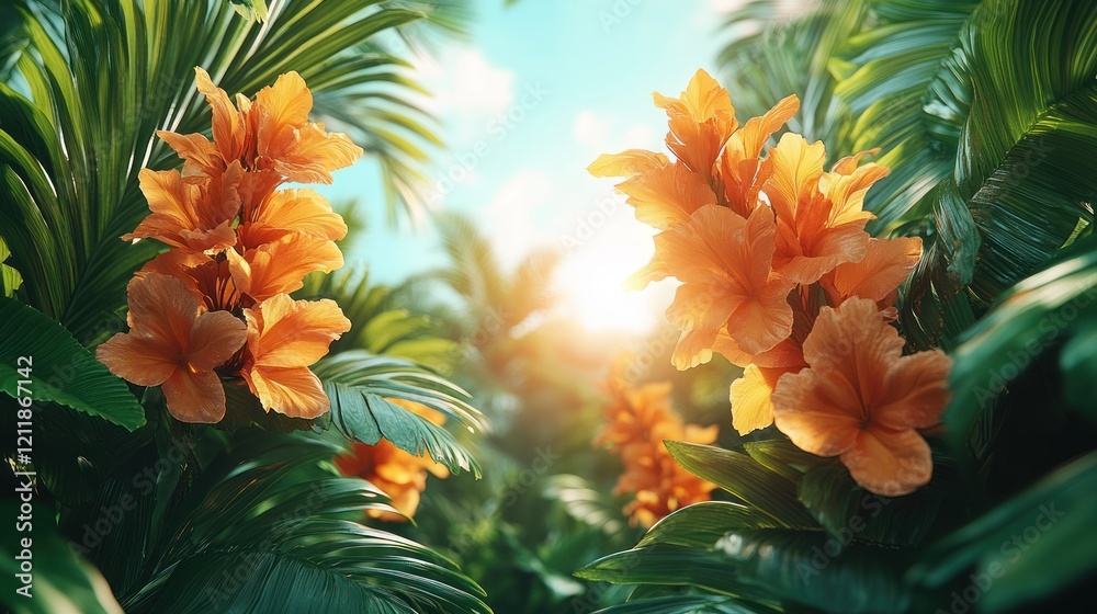 Lush Tropical Paradise: Orange Canna Lilies Basking in Sunlight Lush Tropical Paradise: Orange Canna Lilies Basking in Sunlight