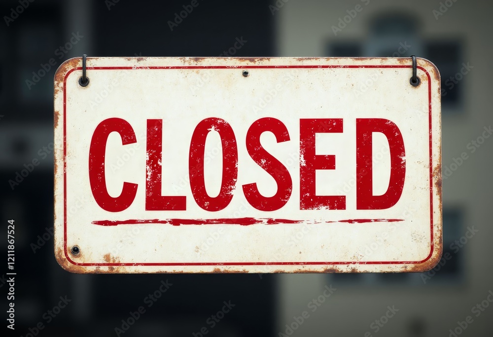 Red CLOSED text on white metal sign with rust marks Red CLOSED text on white metal sign with rust marks
