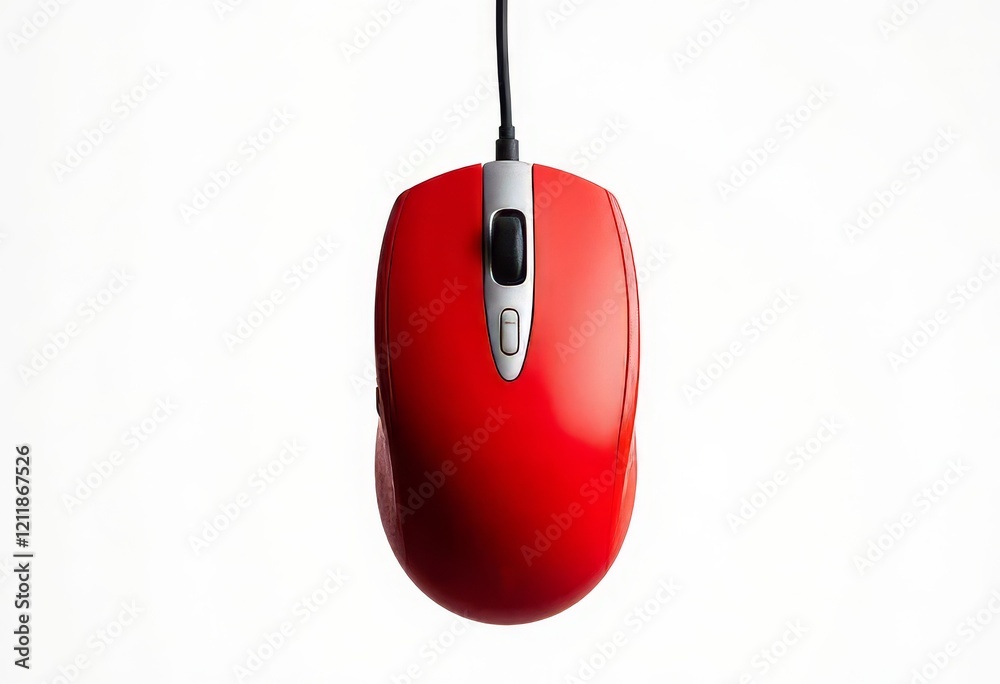 Red computer mouse with cable on white background