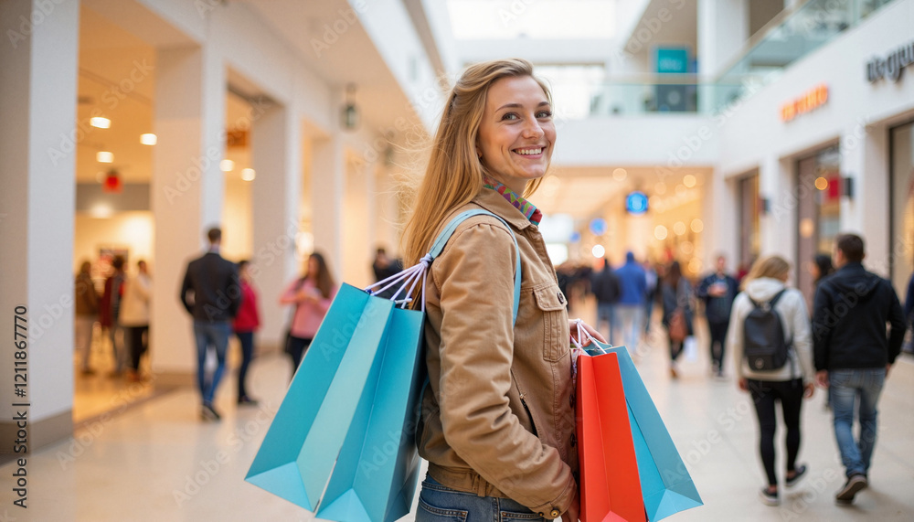 Happy young woman carrying shopping bags in busy mall, retail therapy Happy young woman carrying shopping bags in busy mall, retail therapy