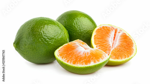 Juicy orange segments and whole limes on white background, perfect for healthy food recipes and cooking blogs