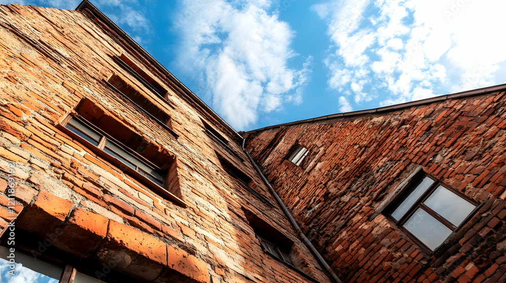 Low-angle view of old brick buildings, sunny sky, urban architecture, historical context; ideal for travel, architecture websites Low-angle view of old brick buildings, sunny sky, urban architecture, historical context; ideal for travel, architecture websites