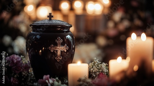 Fototapeta Naklejka Na Ścianę i Meble -  Memorial urn with flowers and candles creating a peaceful ambiance. Remembrance. respect. serenity. honoring loved ones. Suitable for memorial services, funeral homes, or remembrance events.





